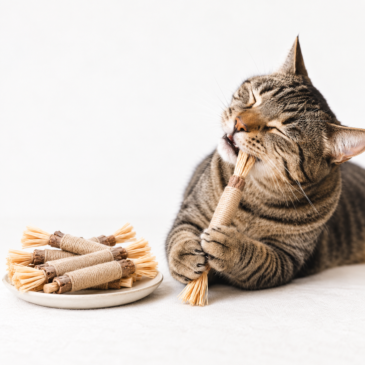 Cat chewing a silvervine stick on a living room floor